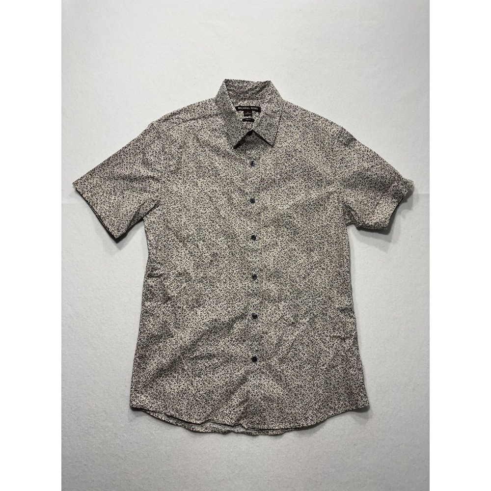 Michael Kors Shirt Mens Medium Beige Floral Short Sleeve Button Up Slim Fit